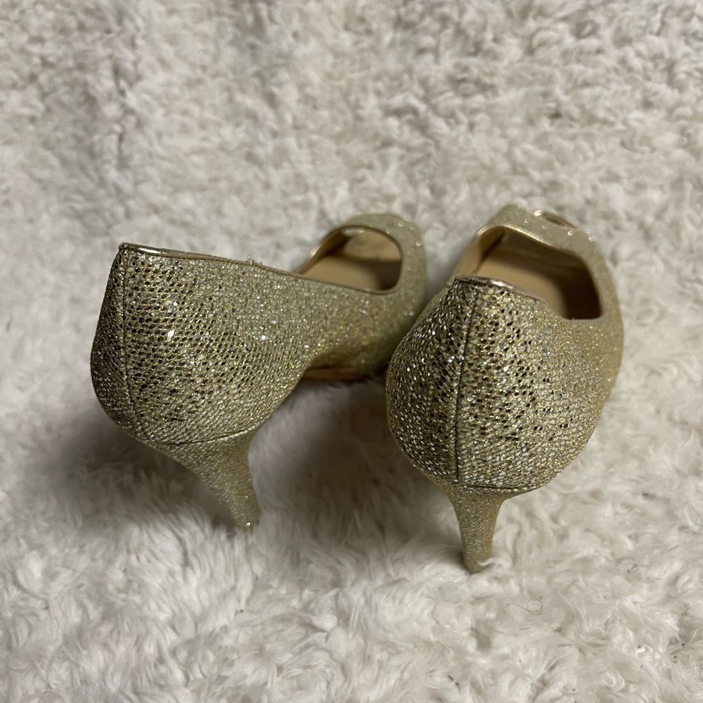 White House Black Market Dancer synthetic sparkling gold heels peep toe SZ10M - Picture 4 of 11